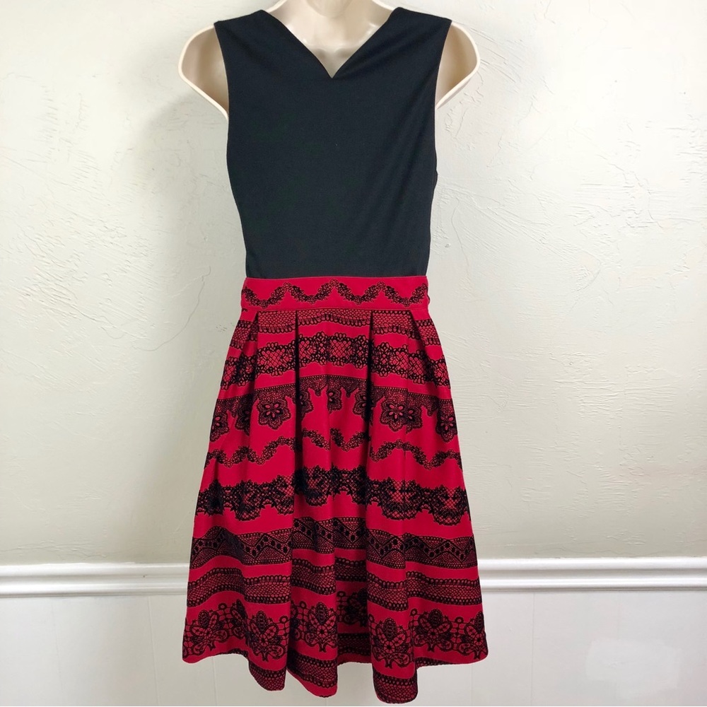 Elle Black Red Flocked Fit & Flare Party Dress - Picture 2 of 16